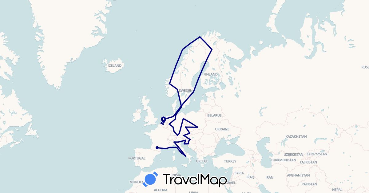 TravelMap itinerary: driving in Austria, Belgium, Czech Republic, Germany, Denmark, Finland, France, Croatia, Italy, Netherlands, Norway, Poland, Sweden, Slovenia, Vatican City (Europe)